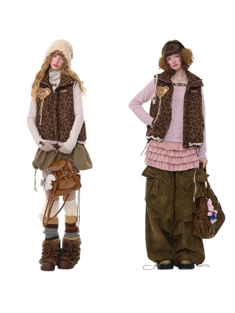 American Design Sense Thickened Leopard Print Lace Cotton Vest Jacket【s0000014785】