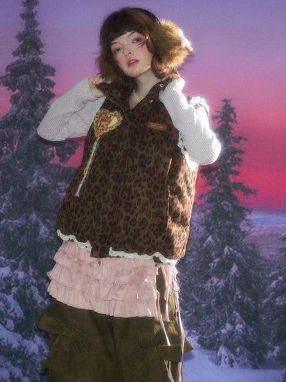 American Design Sense Thickened Leopard Print Lace Cotton Vest Jacket【s0000014785】