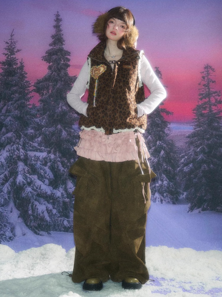 American Design Sense Thickened Leopard Print Lace Cotton Vest Jacket【s0000014785】