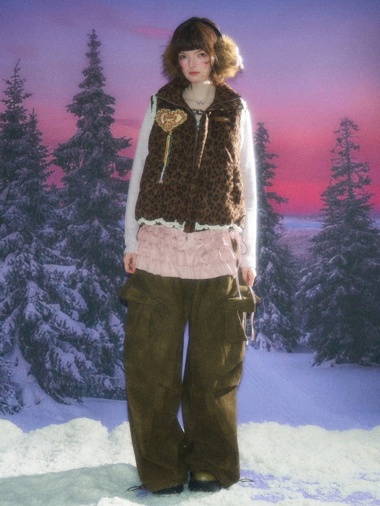 American Design Sense Thickened Leopard Print Lace Cotton Vest Jacket【s0000014785】