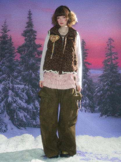 American Design Sense Thickened Leopard Print Lace Cotton Vest Jacket【s0000014785】