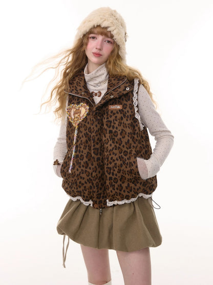 American Design Sense Thickened Leopard Print Lace Cotton Vest Jacket【s0000014785】