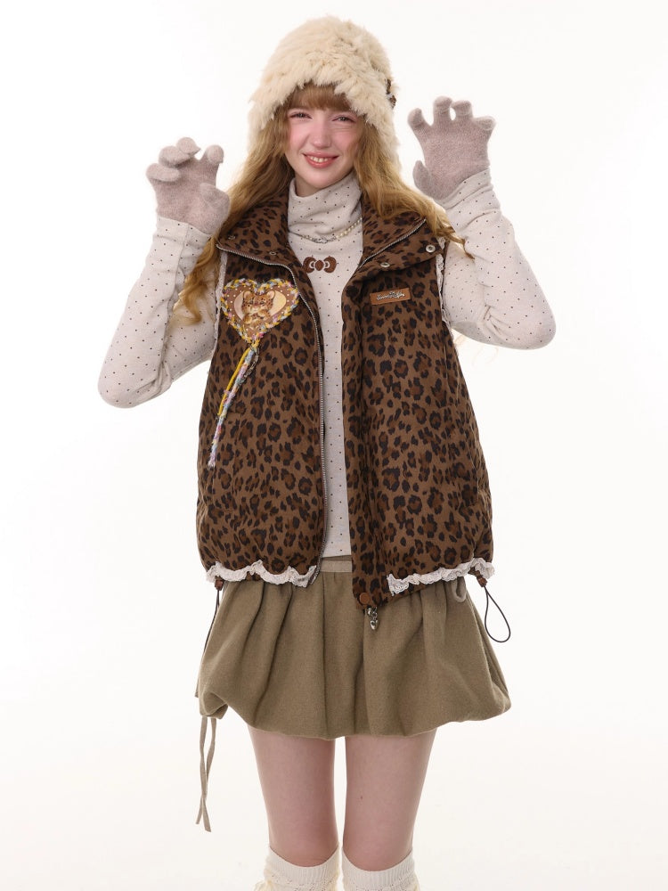 American Design Sense Thickened Leopard Print Lace Cotton Vest Jacket【s0000014785】