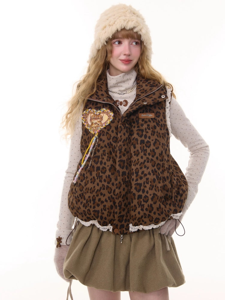 American Design Sense Thickened Leopard Print Lace Cotton Vest Jacket【s0000014785】