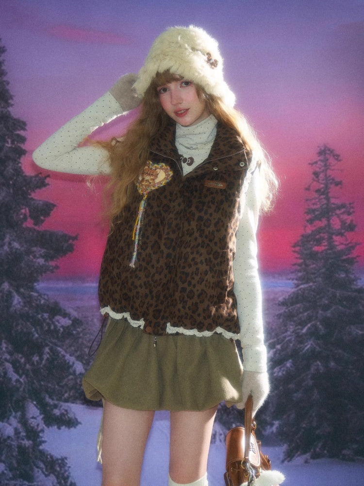 American Design Sense Thickened Leopard Print Lace Cotton Vest Jacket【s0000014785】