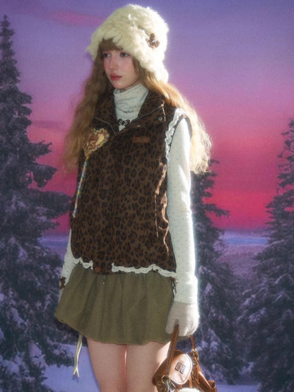 American Design Sense Thickened Leopard Print Lace Cotton Vest Jacket【s0000014785】