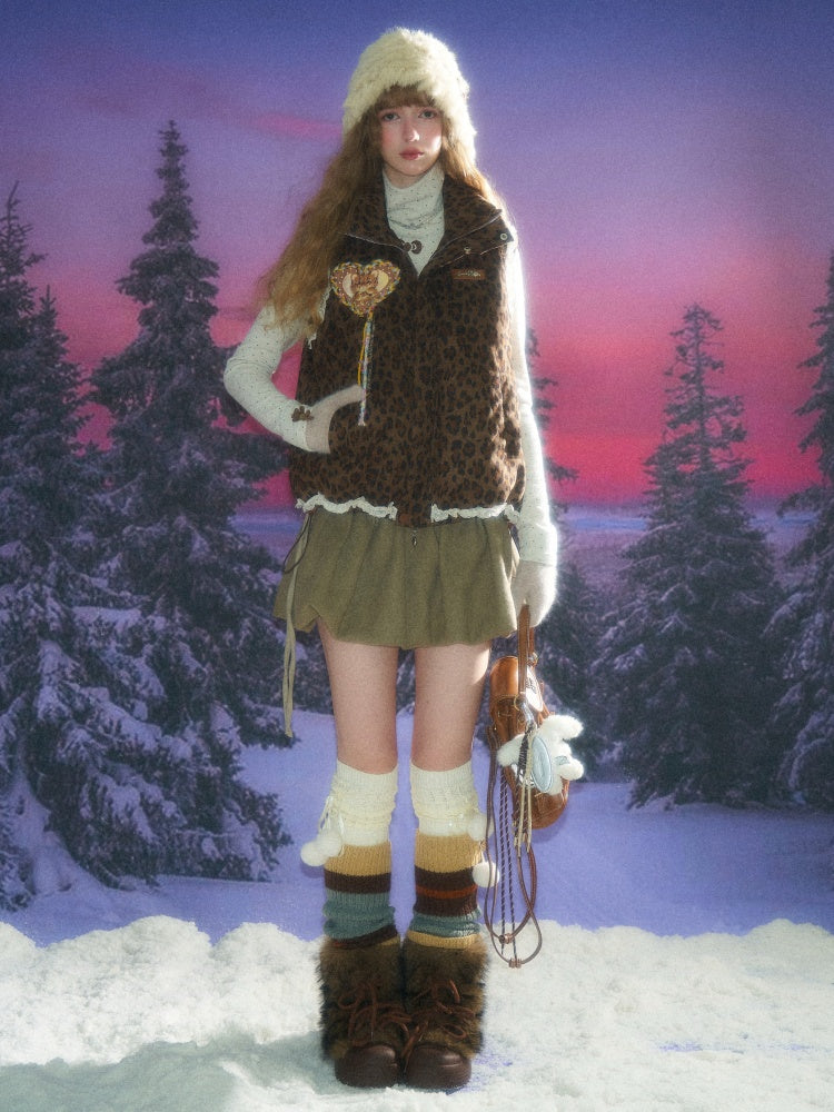 American Design Sense Thickened Leopard Print Lace Cotton Vest Jacket【s0000014785】