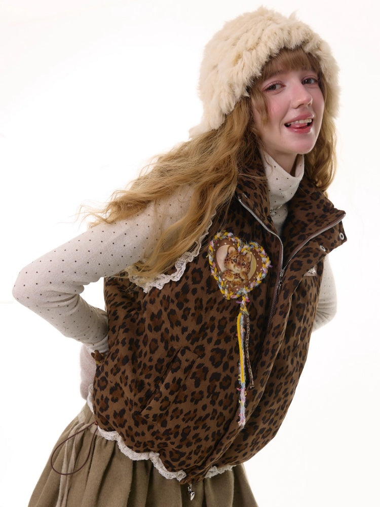 American Design Sense Thickened Leopard Print Lace Cotton Vest Jacket【s0000014785】