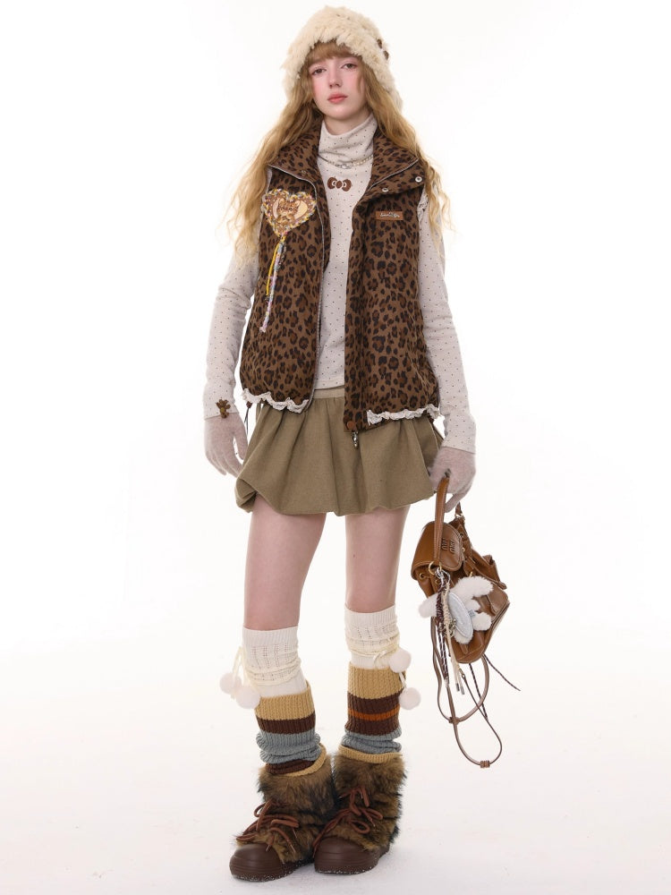 American Design Sense Thickened Leopard Print Lace Cotton Vest Jacket【s0000014785】