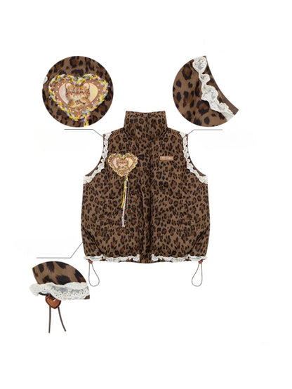 American Design Sense Thickened Leopard Print Lace Cotton Vest Jacket【s0000014785】