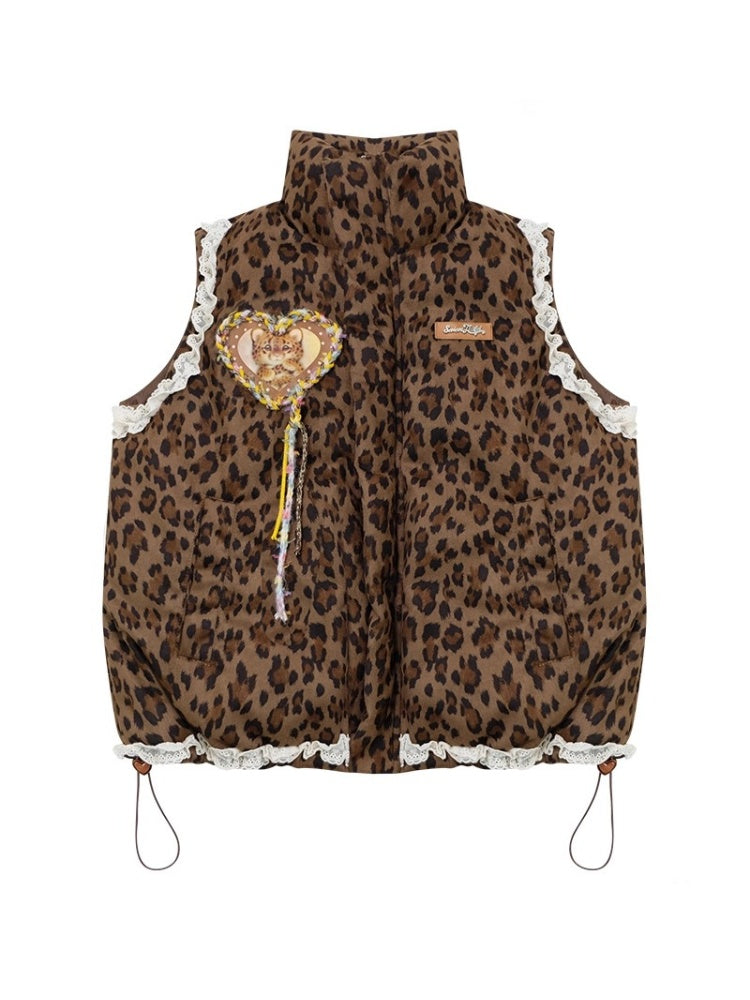 American Design Sense Thickened Leopard Print Lace Cotton Vest Jacket【s0000014785】