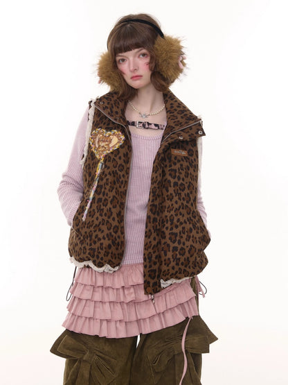 American Design Sense Thickened Leopard Print Lace Cotton Vest Jacket【s0000014785】