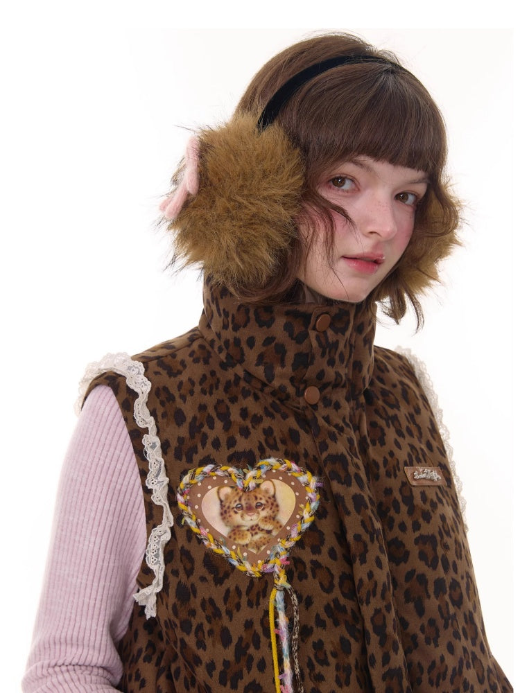 American Design Sense Thickened Leopard Print Lace Cotton Vest Jacket【s0000014785】