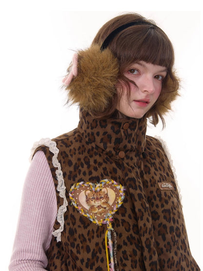 American Design Sense Thickened Leopard Print Lace Cotton Vest Jacket【s0000014785】
