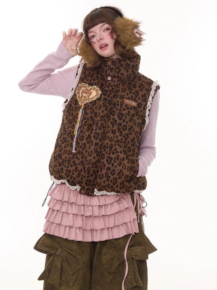 American Design Sense Thickened Leopard Print Lace Cotton Vest Jacket【s0000014785】