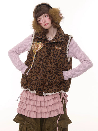 American Design Sense Thickened Leopard Print Lace Cotton Vest Jacket【s0000014785】