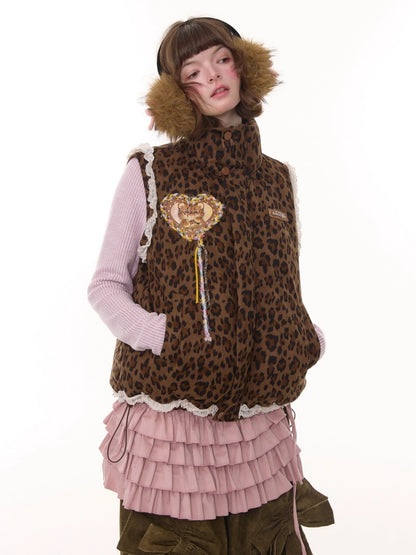 American Design Sense Thickened Leopard Print Lace Cotton Vest Jacket【s0000014785】