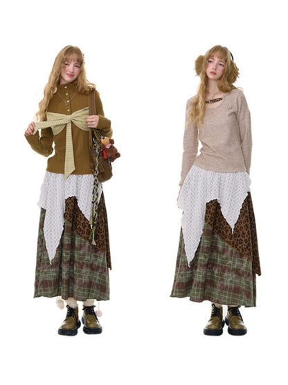 High Waist Slimming Irregular Plaid Splicing Leopard Print Midi Skirt【s0000014786】