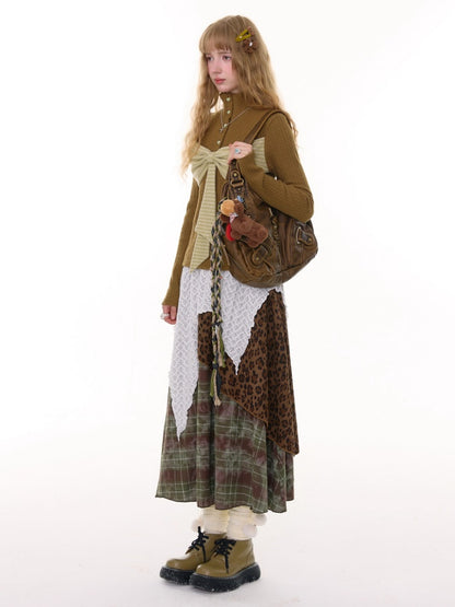 High Waist Slimming Irregular Plaid Splicing Leopard Print Midi Skirt【s0000014786】