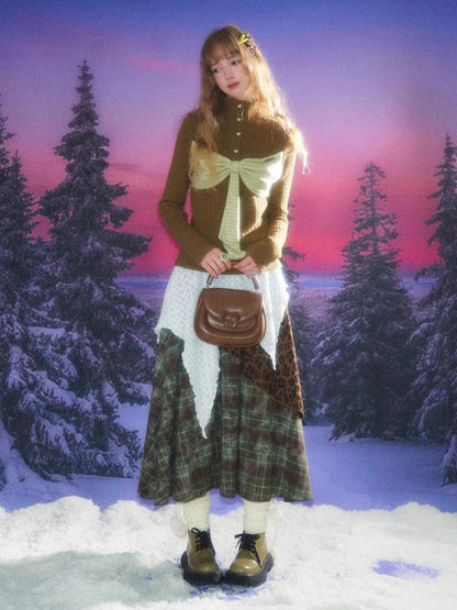 High Waist Slimming Irregular Plaid Splicing Leopard Print Midi Skirt【s0000014786】