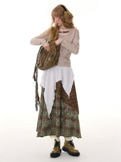 High Waist Slimming Irregular Plaid Splicing Leopard Print Midi Skirt【s0000014786】