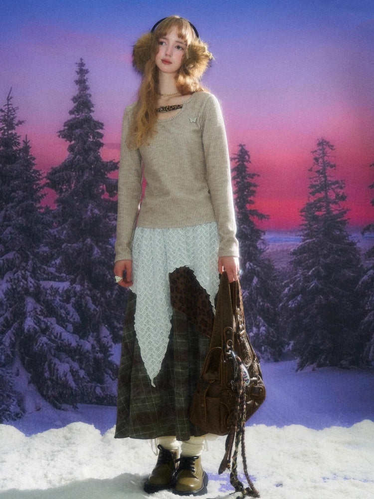 High Waist Slimming Irregular Plaid Splicing Leopard Print Midi Skirt【s0000014786】