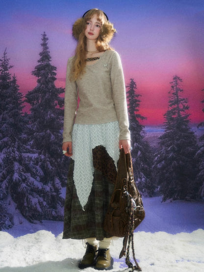 High Waist Slimming Irregular Plaid Splicing Leopard Print Midi Skirt【s0000014786】