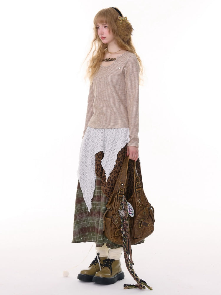 High Waist Slimming Irregular Plaid Splicing Leopard Print Midi Skirt【s0000014786】