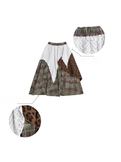 High Waist Slimming Irregular Plaid Splicing Leopard Print Midi Skirt【s0000014786】