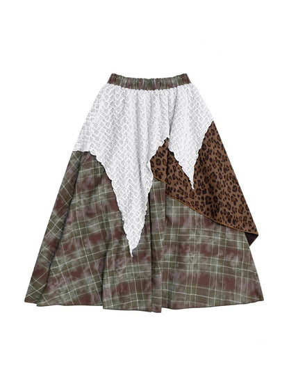 High Waist Slimming Irregular Plaid Splicing Leopard Print Midi Skirt【s0000014786】