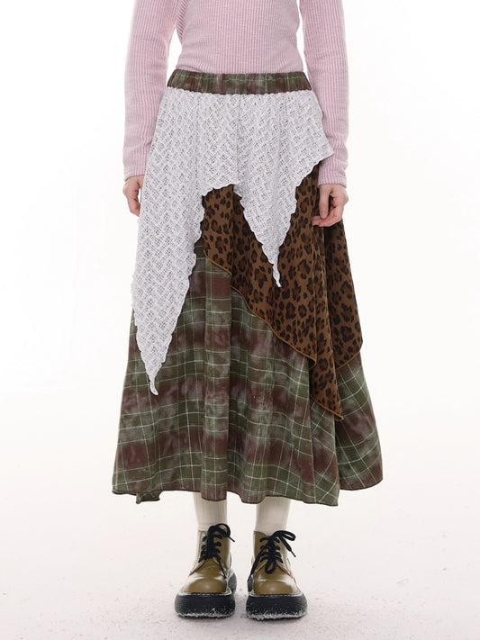 High Waist Slimming Irregular Plaid Splicing Leopard Print Midi Skirt【s0000014786】