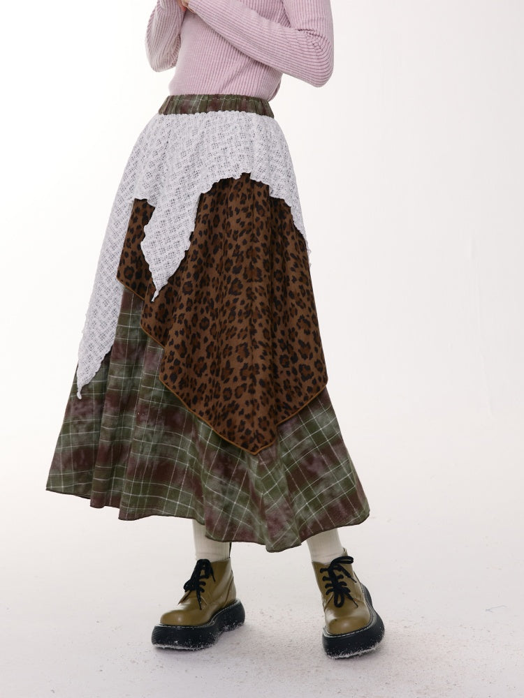 High Waist Slimming Irregular Plaid Splicing Leopard Print Midi Skirt【s0000014786】