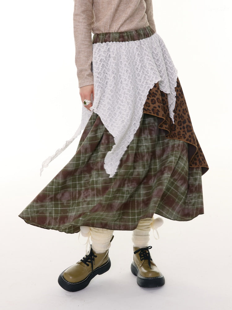 High Waist Slimming Irregular Plaid Splicing Leopard Print Midi Skirt【s0000014786】