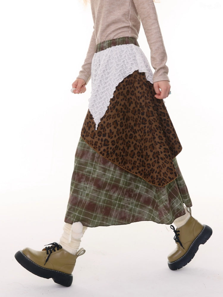 High Waist Slimming Irregular Plaid Splicing Leopard Print Midi Skirt【s0000014786】