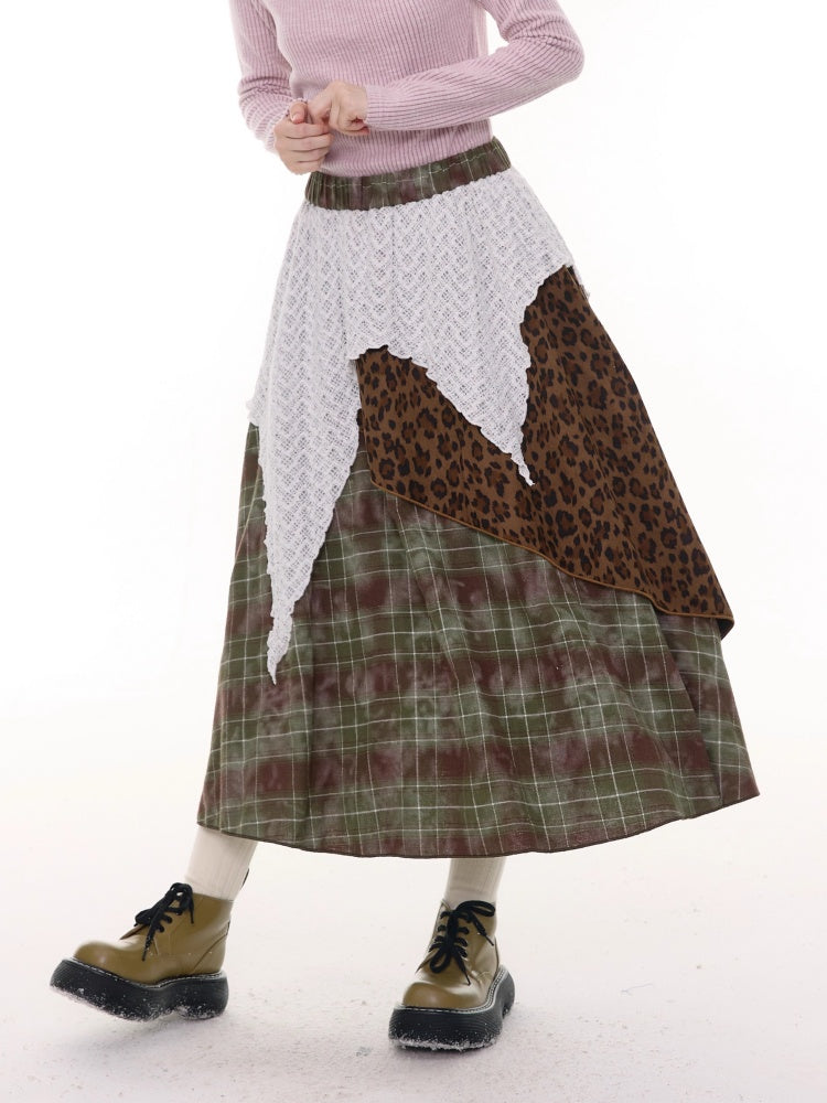 High Waist Slimming Irregular Plaid Splicing Leopard Print Midi Skirt【s0000014786】