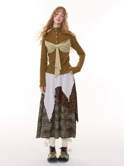 High Waist Slimming Irregular Plaid Splicing Leopard Print Midi Skirt【s0000014786】