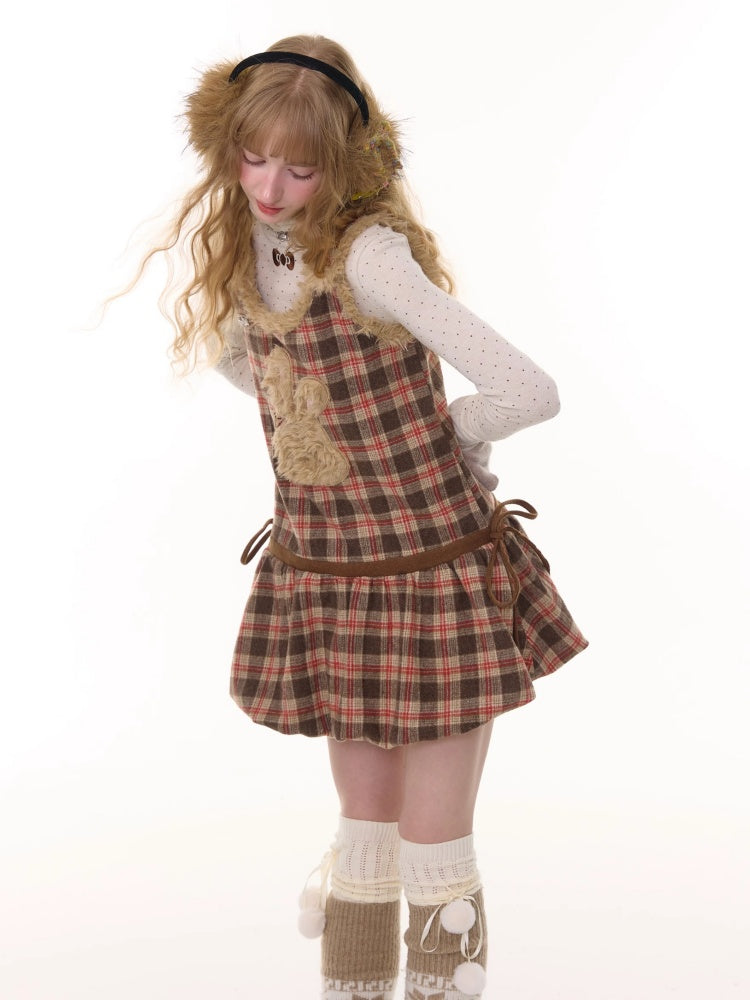 American Design Reddish Plaid Plush Rabbit Pocket Hem Vest Dress【s0000014787】