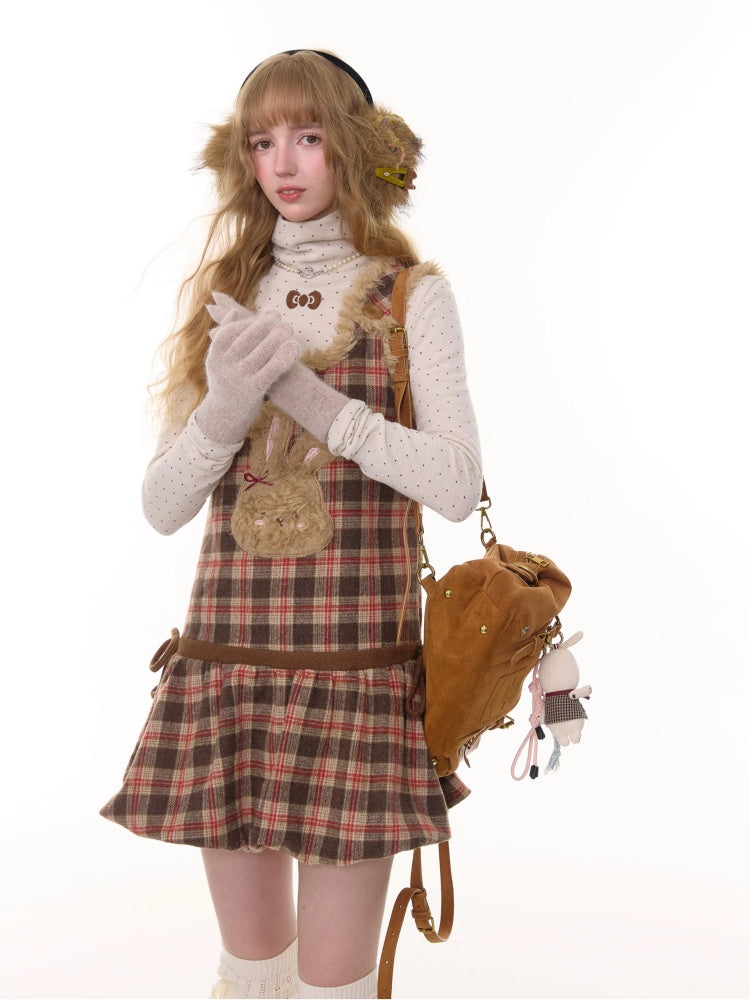 American Design Reddish Plaid Plush Rabbit Pocket Hem Vest Dress【s0000014787】