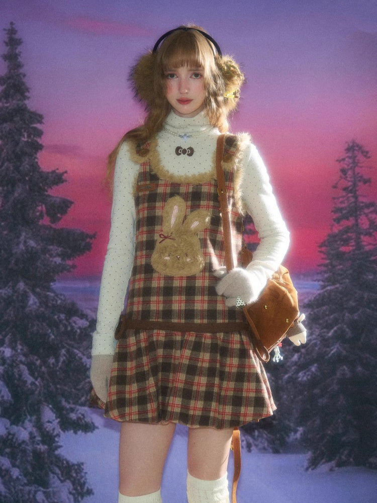 American Design Reddish Plaid Plush Rabbit Pocket Hem Vest Dress【s0000014787】