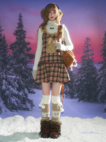 American Design Reddish Plaid Plush Rabbit Pocket Hem Vest Dress【s0000014787】