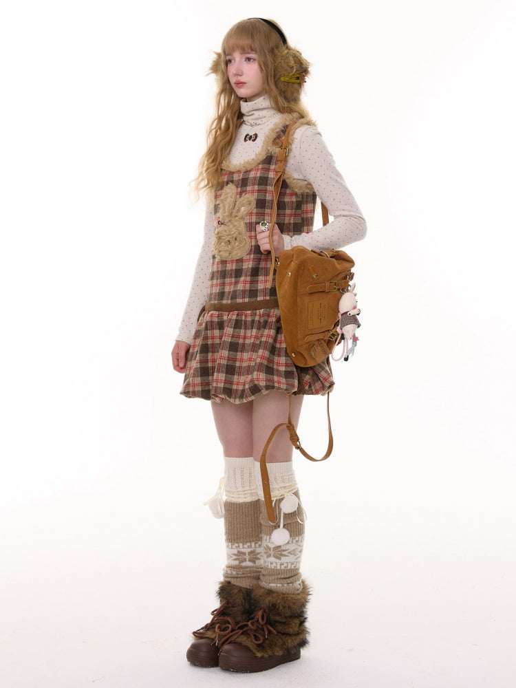 American Design Reddish Plaid Plush Rabbit Pocket Hem Vest Dress【s0000014787】