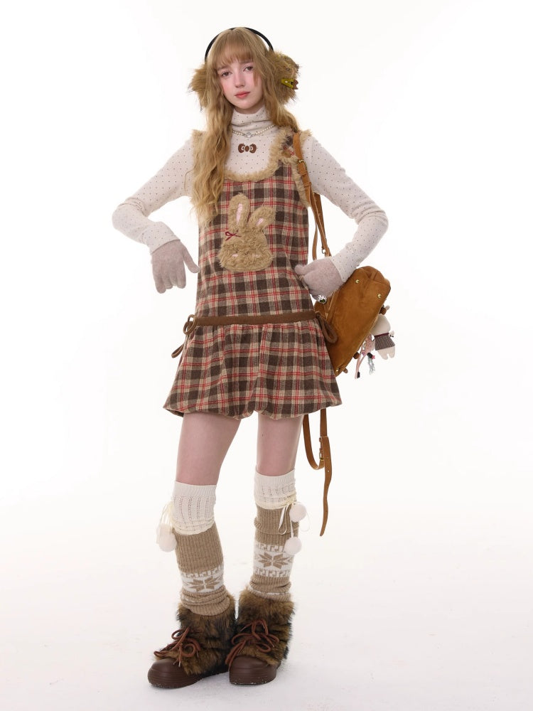 American Design Reddish Plaid Plush Rabbit Pocket Hem Vest Dress【s0000014787】