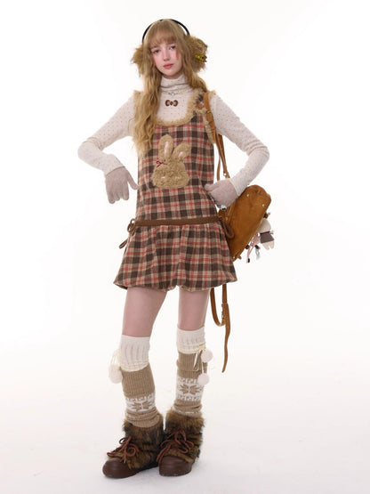 American Design Reddish Plaid Plush Rabbit Pocket Hem Vest Dress【s0000014787】