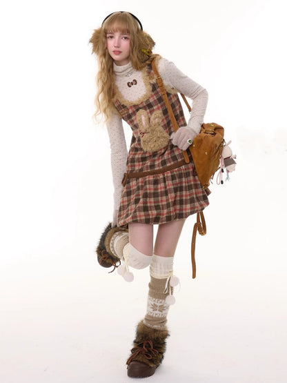 American Design Reddish Plaid Plush Rabbit Pocket Hem Vest Dress【s0000014787】