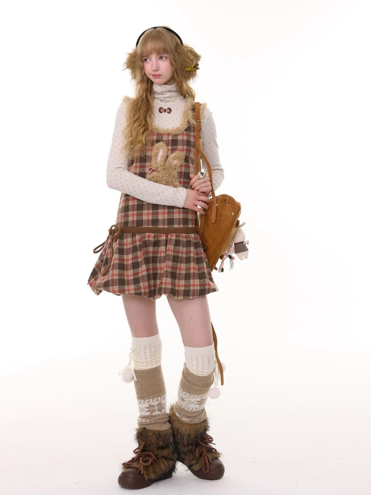 American Design Reddish Plaid Plush Rabbit Pocket Hem Vest Dress【s0000014787】
