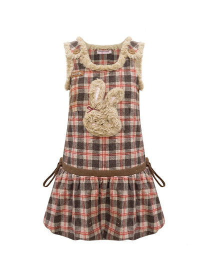 American Design Reddish Plaid Plush Rabbit Pocket Hem Vest Dress【s0000014787】