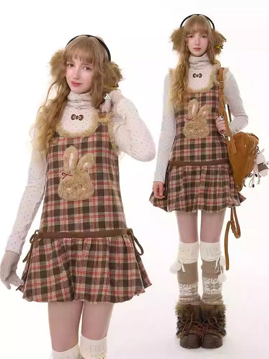 American Design Reddish Plaid Plush Rabbit Pocket Hem Vest Dress【s0000014787】