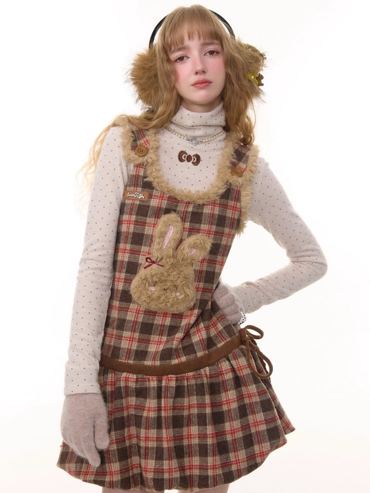 American Design Reddish Plaid Plush Rabbit Pocket Hem Vest Dress【s0000014787】