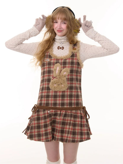 American Design Reddish Plaid Plush Rabbit Pocket Hem Vest Dress【s0000014787】