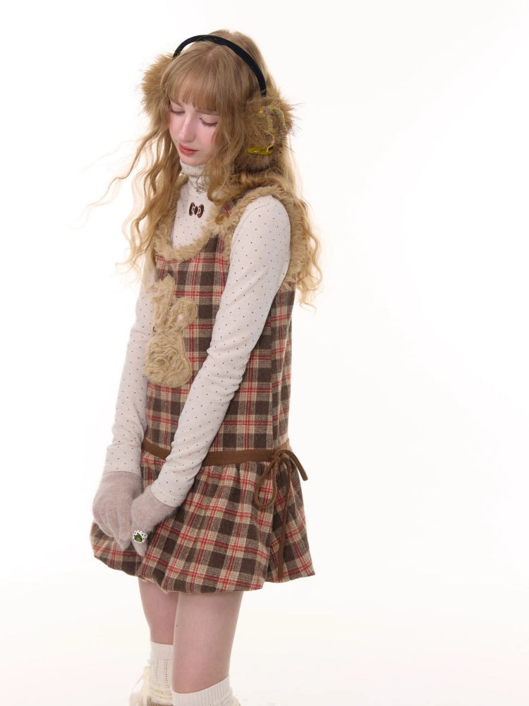 American Design Reddish Plaid Plush Rabbit Pocket Hem Vest Dress【s0000014787】